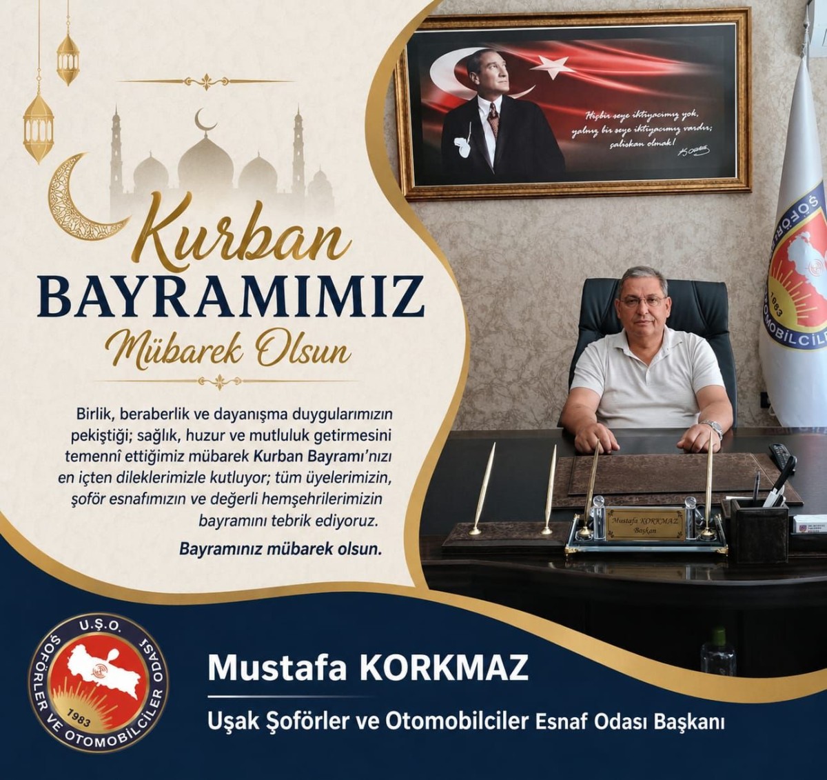 Uşak Şoförler ve Otomobilciler Esnaf Odası Başkanı Mustafa Korkmaz’dan Kurban Bayramı Mesajı